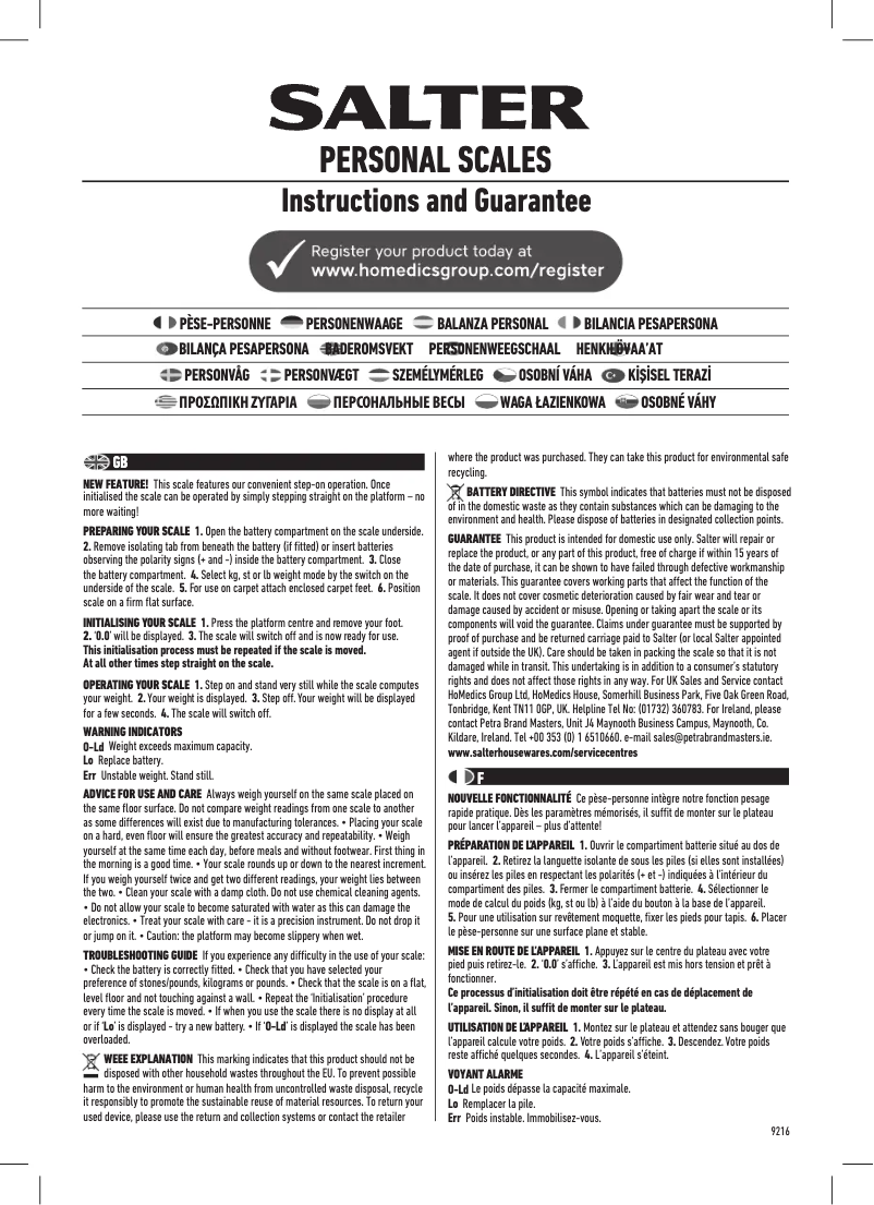Page 1 de la notice Manuel utilisateur Salter SA 9216 WD3R