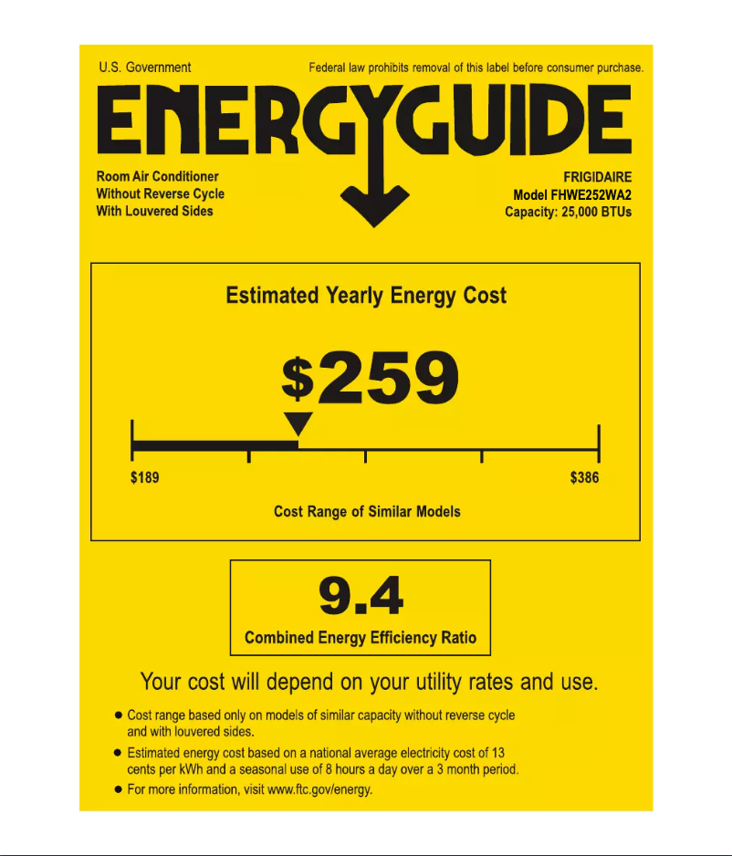 Page 1 de la notice Label énergétique Frigidaire FHWE252WA2