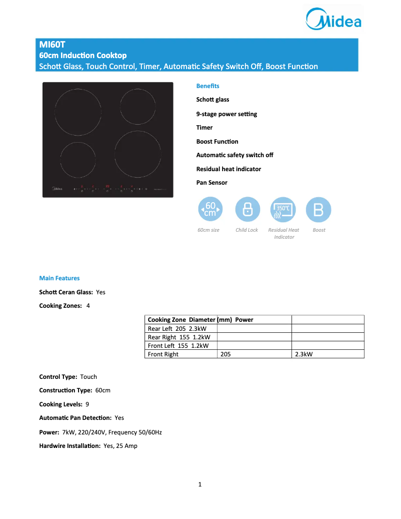 Página 1 del manual Ficha técnica Midea MI60T