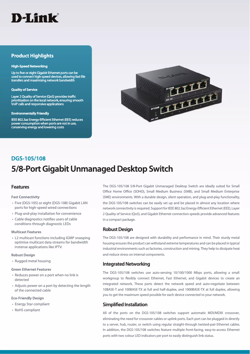 Page n°1 - Fiche technique D-Link DGS105