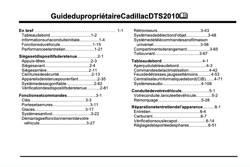 Page 1 de la notice Manuel utilisateur Cadillac DTS (2010)