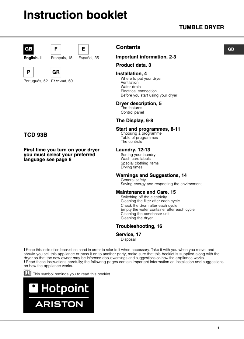 Page 1 de la notice Manuel utilisateur Hotpoint TCD 93B 6H