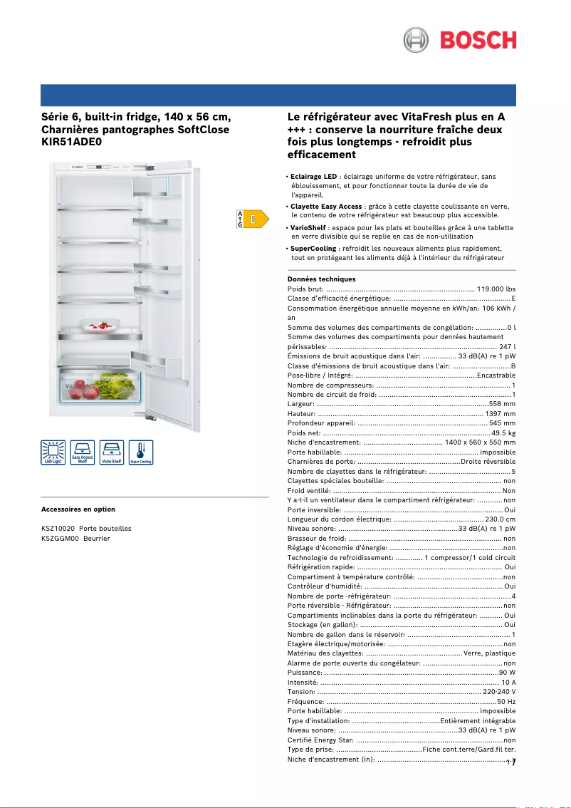 Page n°1 - Fiche technique Bosch KIR51ADE0