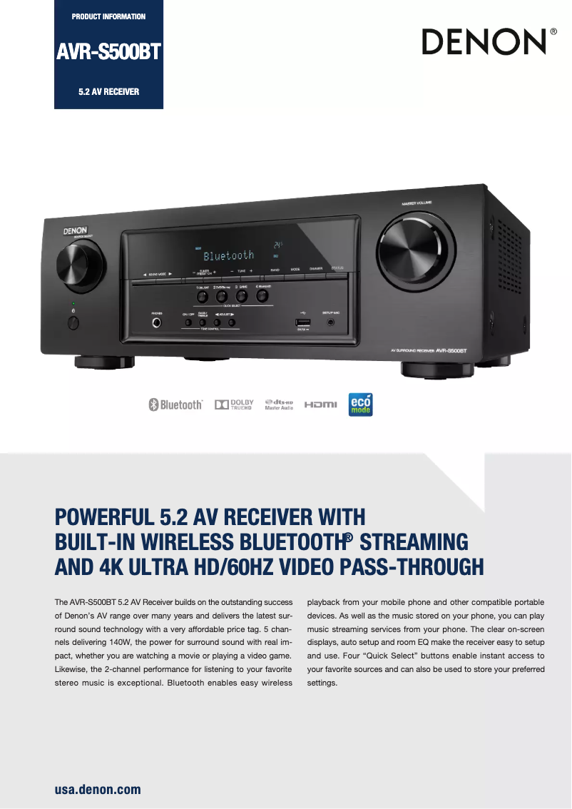 Image de la première page du manuel de l'appareil AVR-S500BT