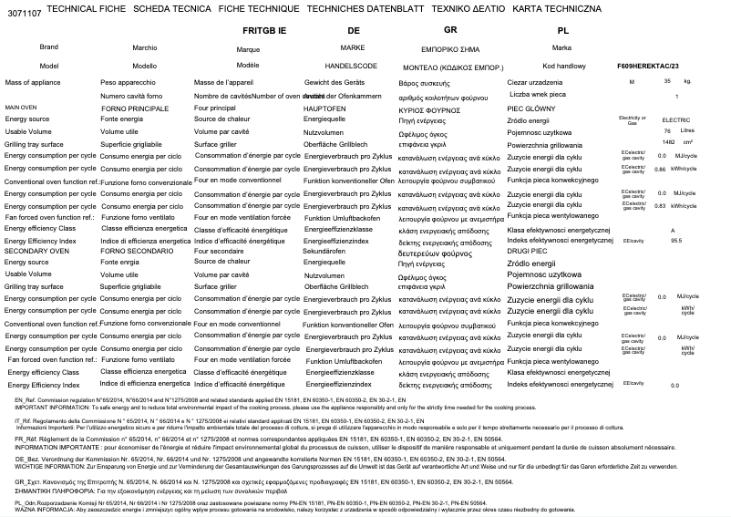 Page 1 de la notice Fiche technique Bertazzoni F609HEREKTNE