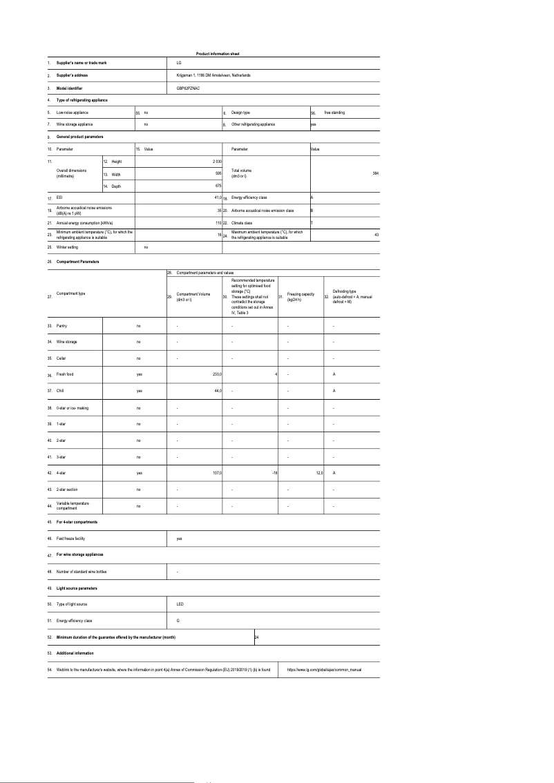 Page 1 de la notice Fiche technique LG GBP62PZNAC