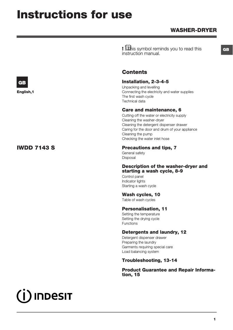 Page n°1 - Mode d'emploi Indesit IWDD 7143 S (UK)