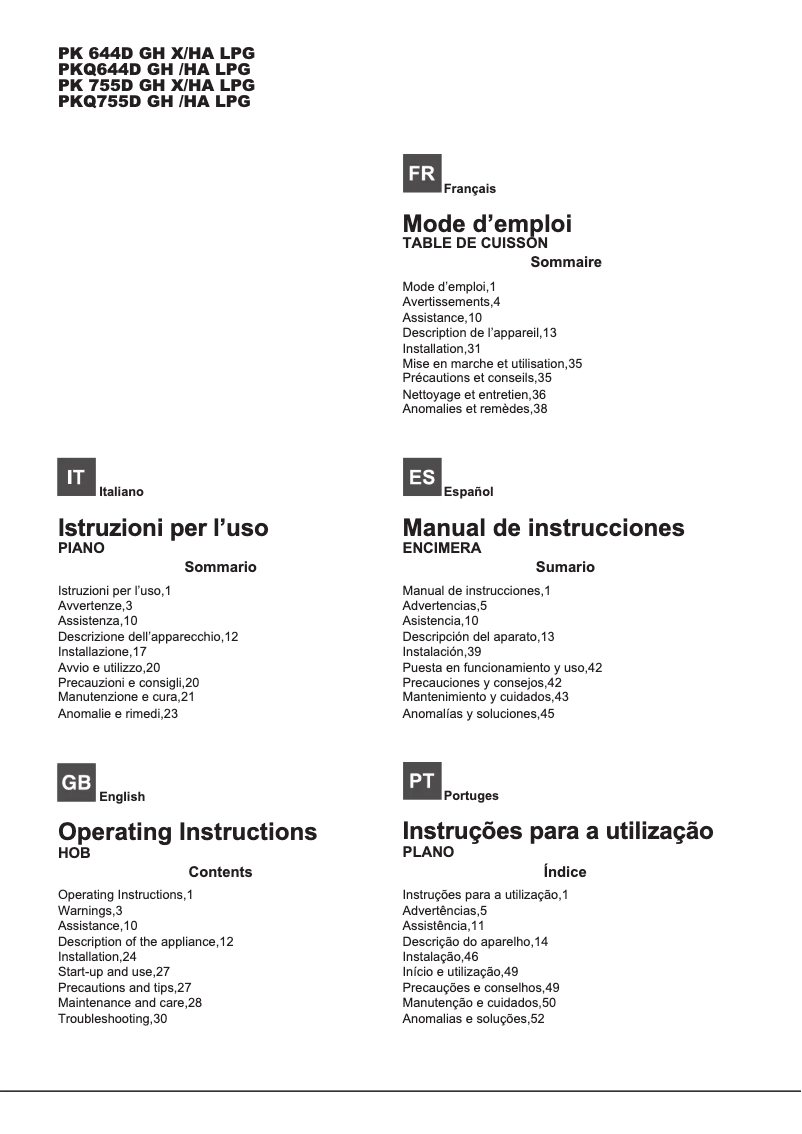 Page n°1 - Manuel utilisateur Hotpoint Ariston PKQ755D GH(K)/HA LPG