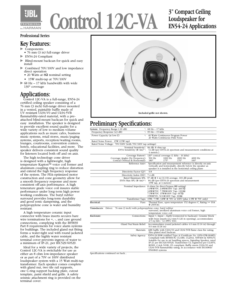 Page n°1 - Fiche technique JBL Control 12C-VA