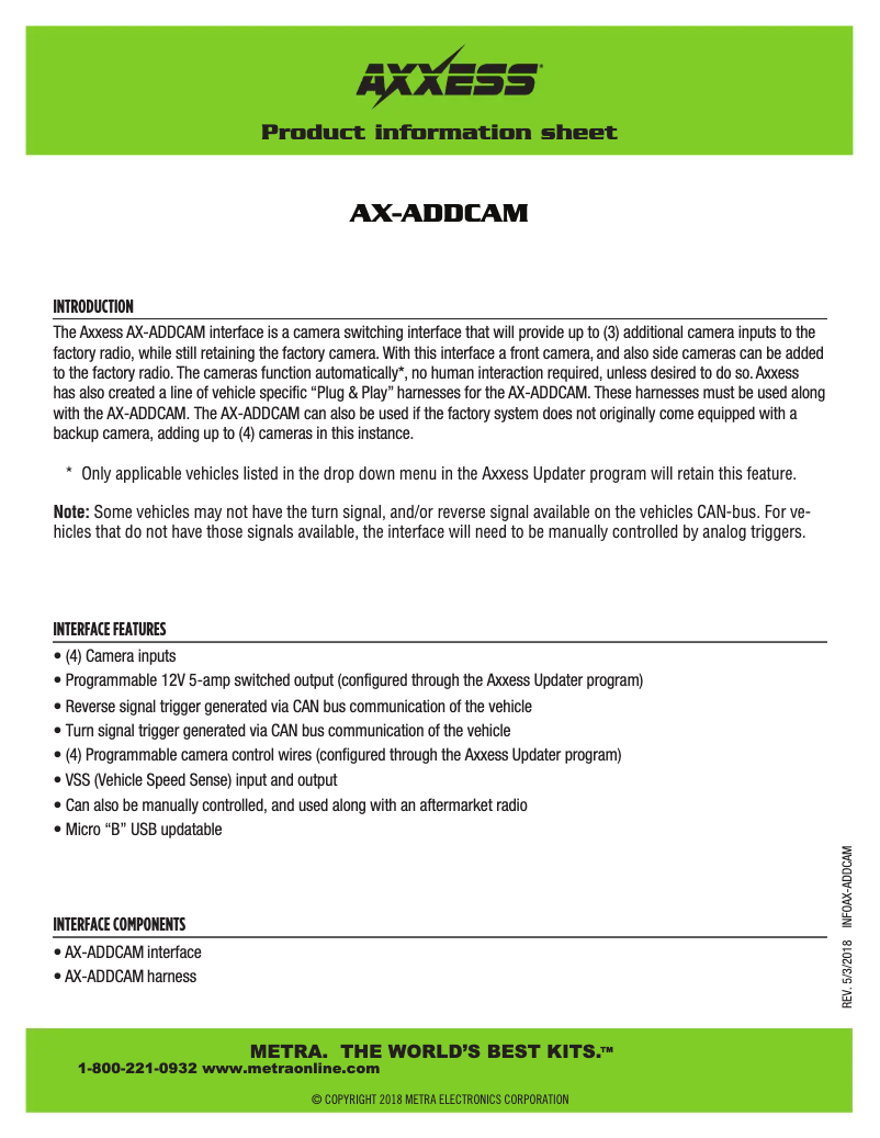 Page 1 de la notice Fiche technique AXESS AX-ADDCAM