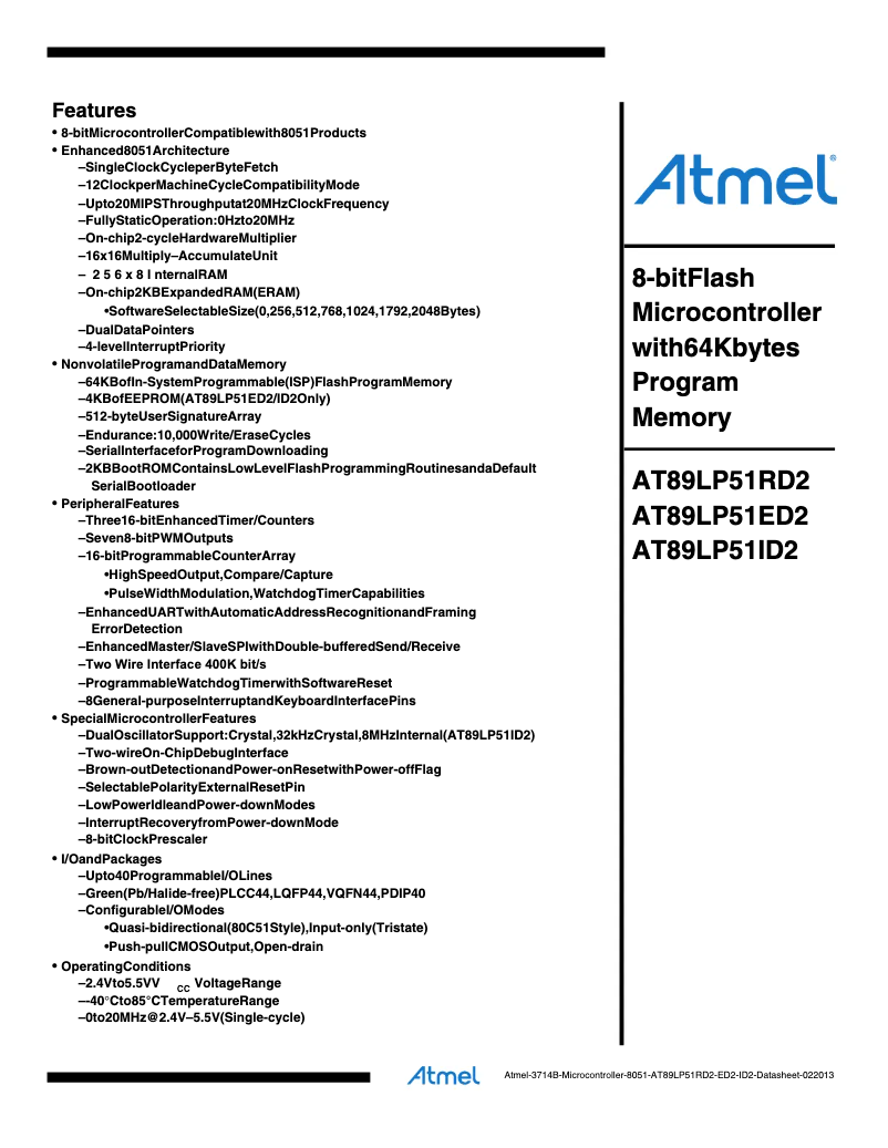 Page 1 de la notice Fiche technique Microchip AT89LP51RD2