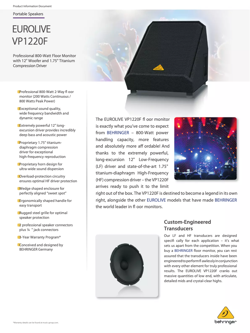 Page 1 de la notice Fiche technique Behringer Eurolive VP1220F