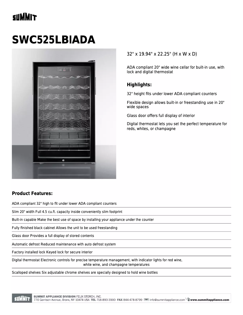 Page 1 de la notice Fiche technique Summit SWC525LBI7TBADA