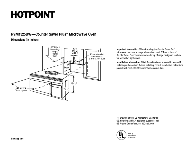 Page 1 de la notice Fiche technique Hotpoint CounterSaver Plus RVM1325BW