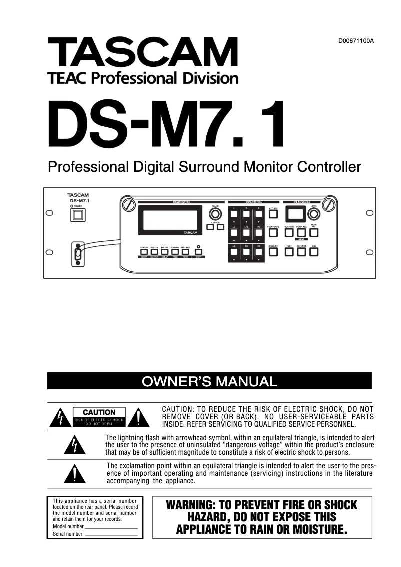 Page 1 de la notice Manuel utilisateur Tascam DS-M7.1