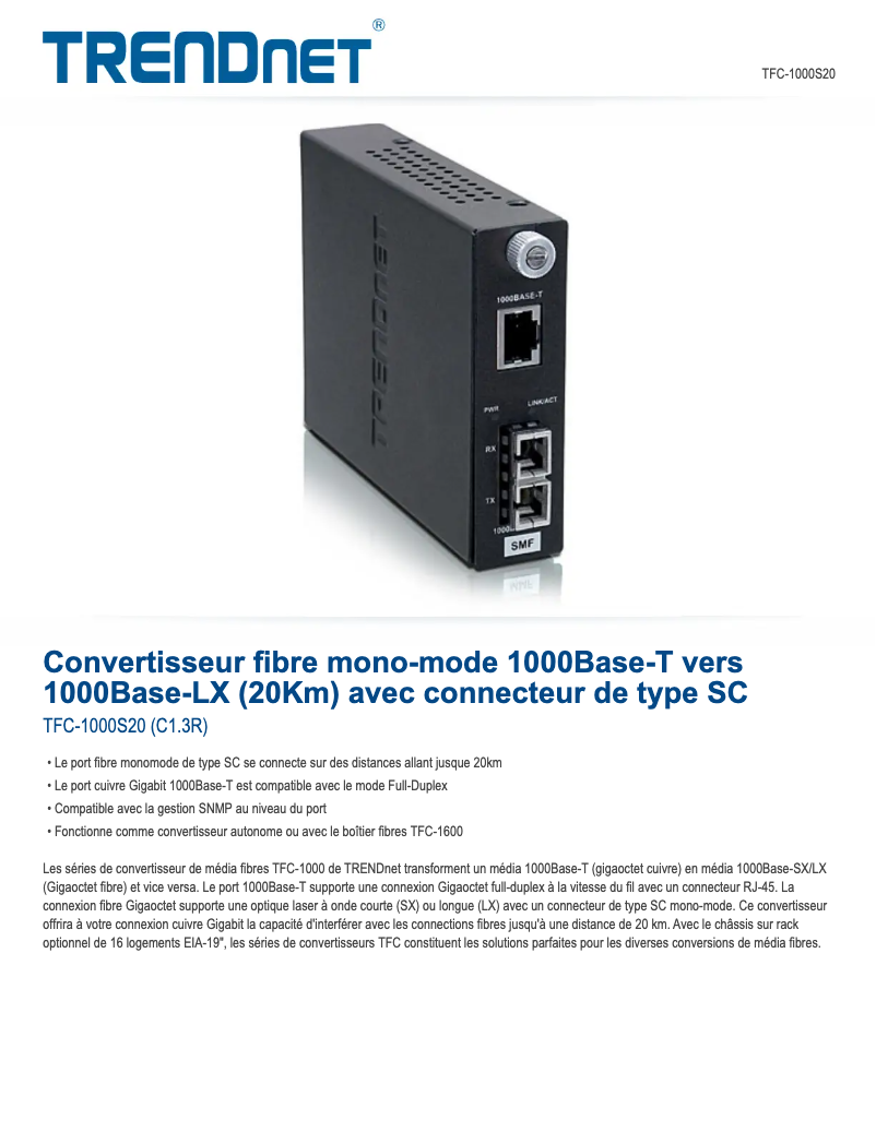 Page n°1 - Fiche technique TRENDnet TFC-1000S20