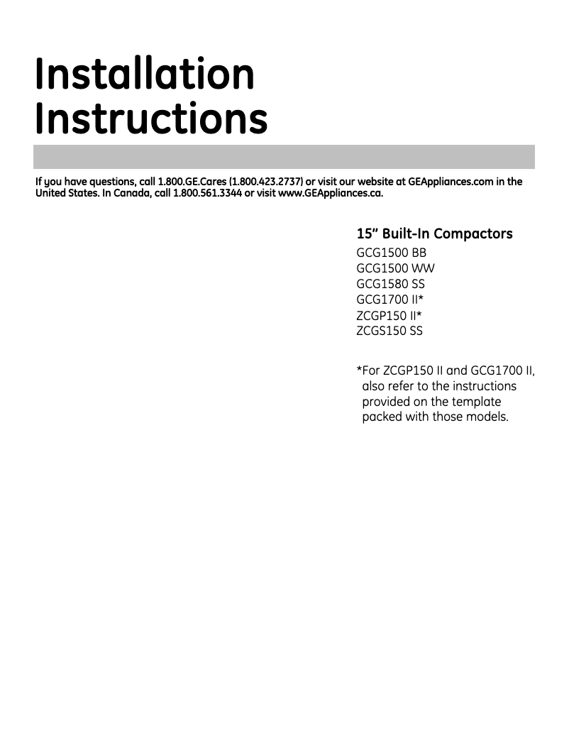 Page 1 de la notice Guide d'installation GE GCG1500RBB