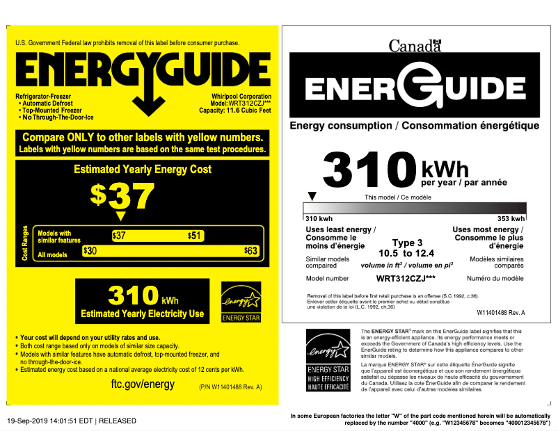 Page 1 de la notice Label énergétique Whirlpool WRT112CZJB