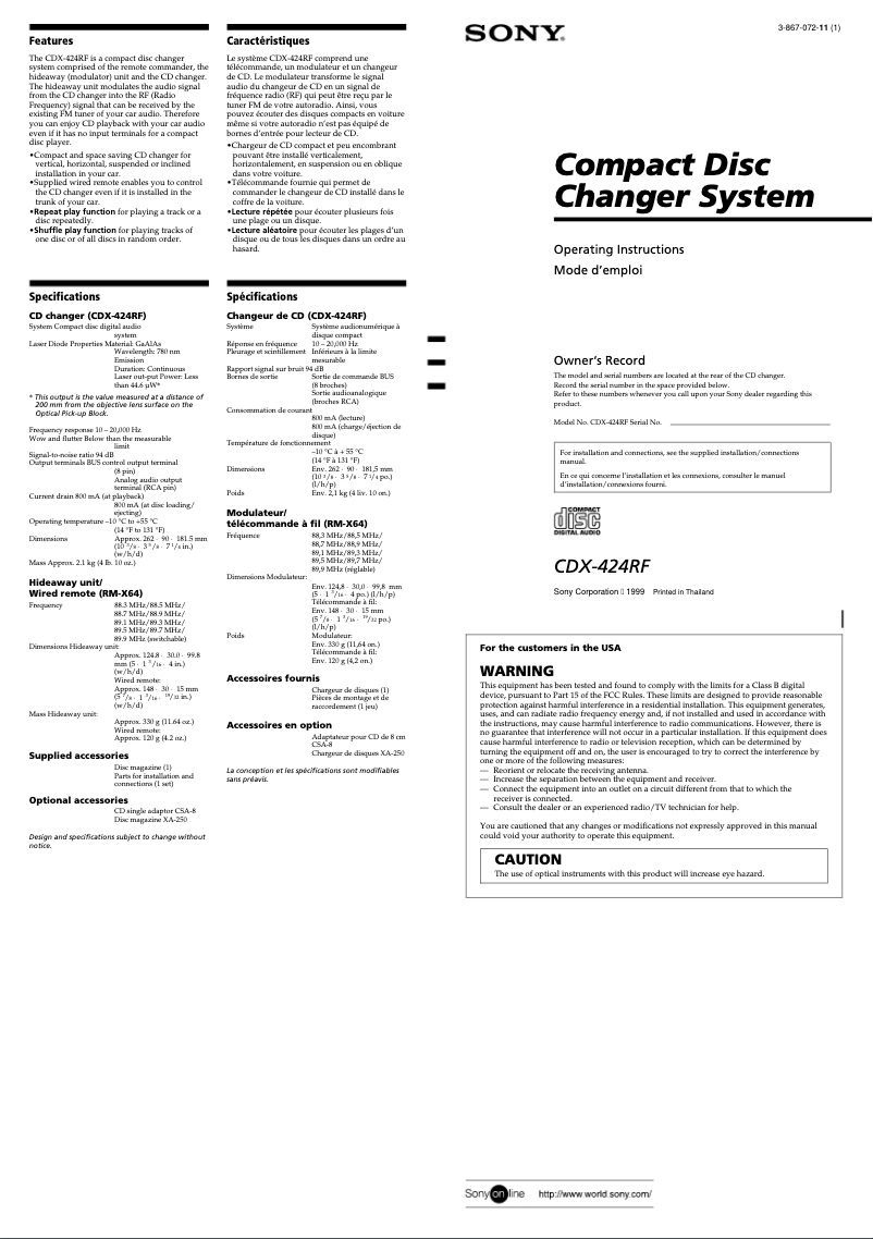 Image de la première page du manuel de l'appareil CDX-424RF
