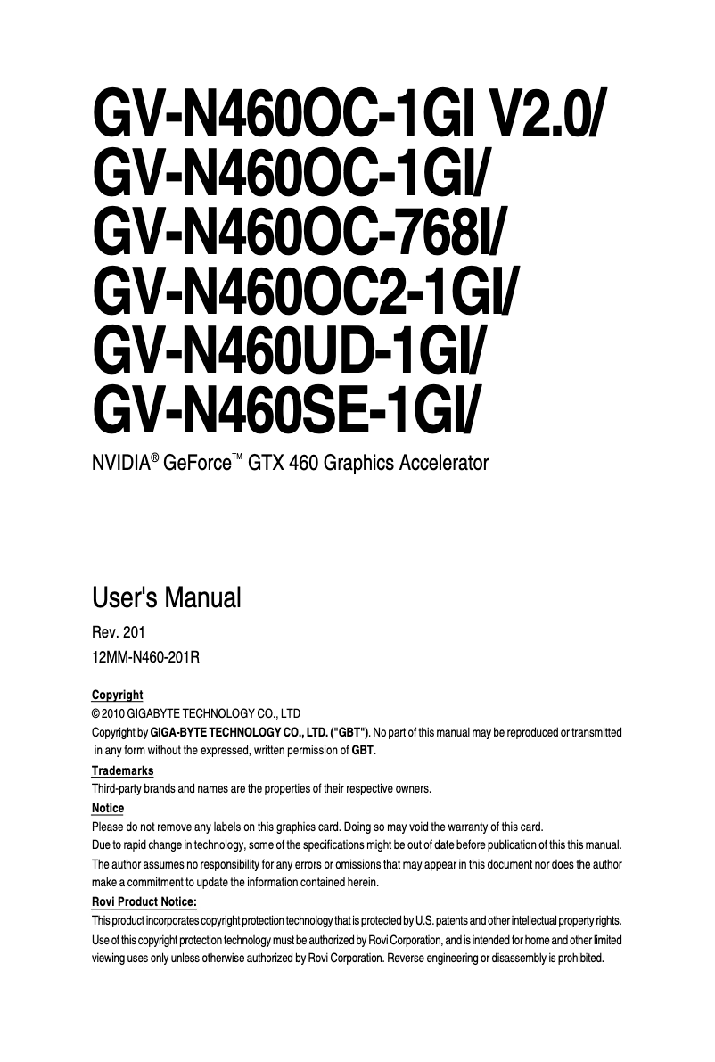Page n°1 - Manuel utilisateur Gigabyte GV-N460OC-1GI