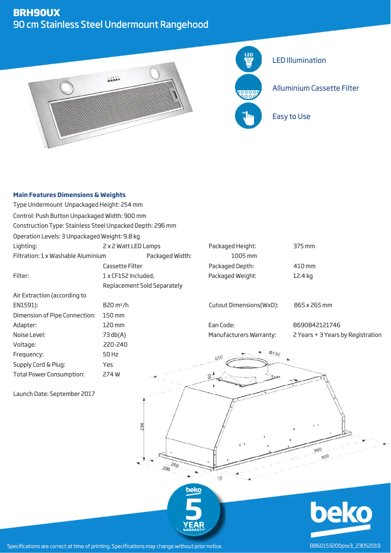 Page 1 de la notice Fiche technique Beko BRH90UX