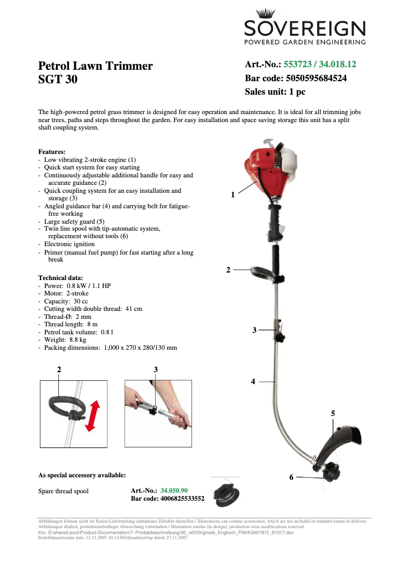 Page 1 de la notice Fiche technique Sovereign SGT 30