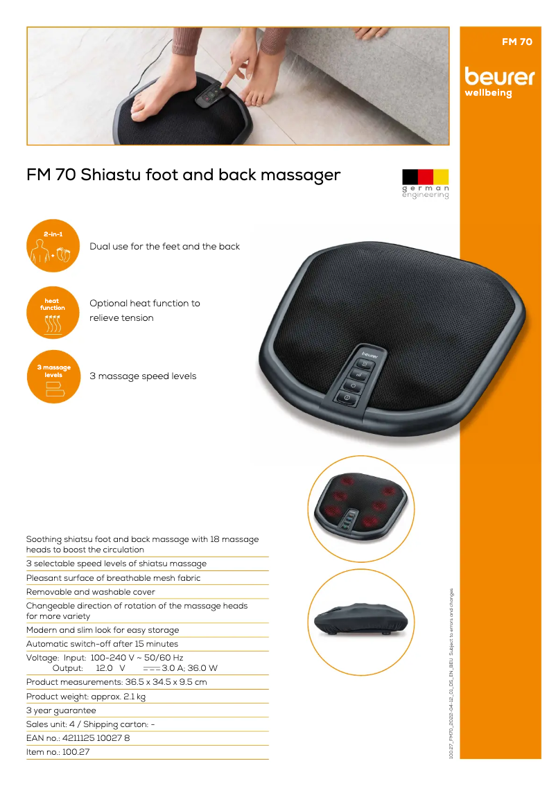 Page 1 de la notice Fiche technique Beurer FM 70