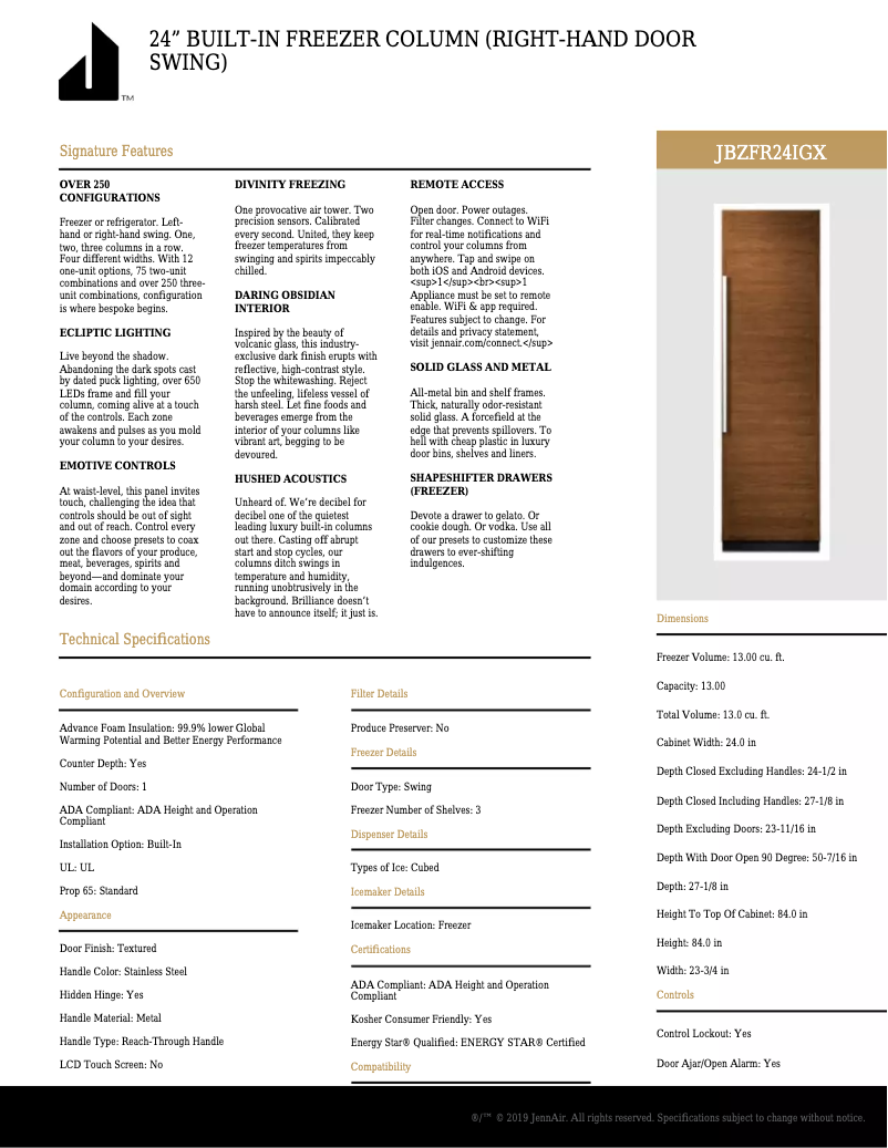 Page 1 de la notice Fiche technique JennAir JBZFR24IGX