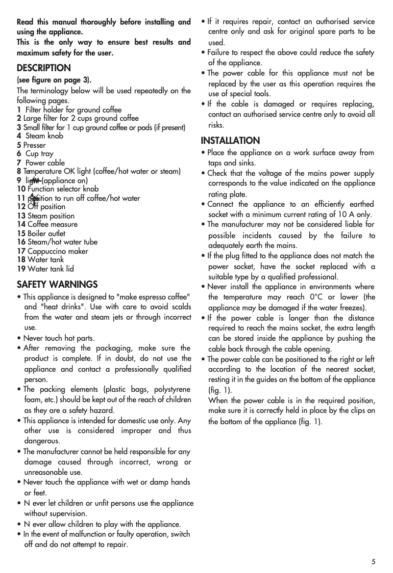 Page n°1 - Manuel utilisateur DeLonghi Bar 32