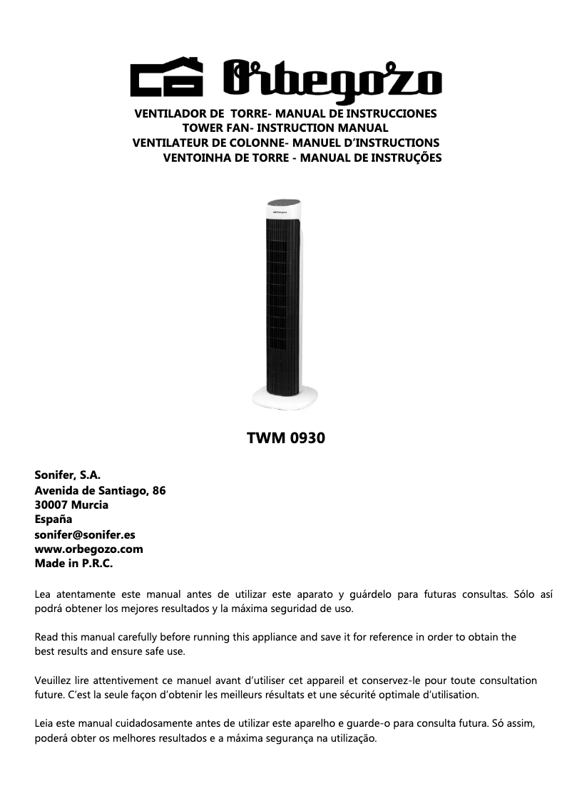 Page n°1 - Manuel utilisateur Orbegozo TWM 0930