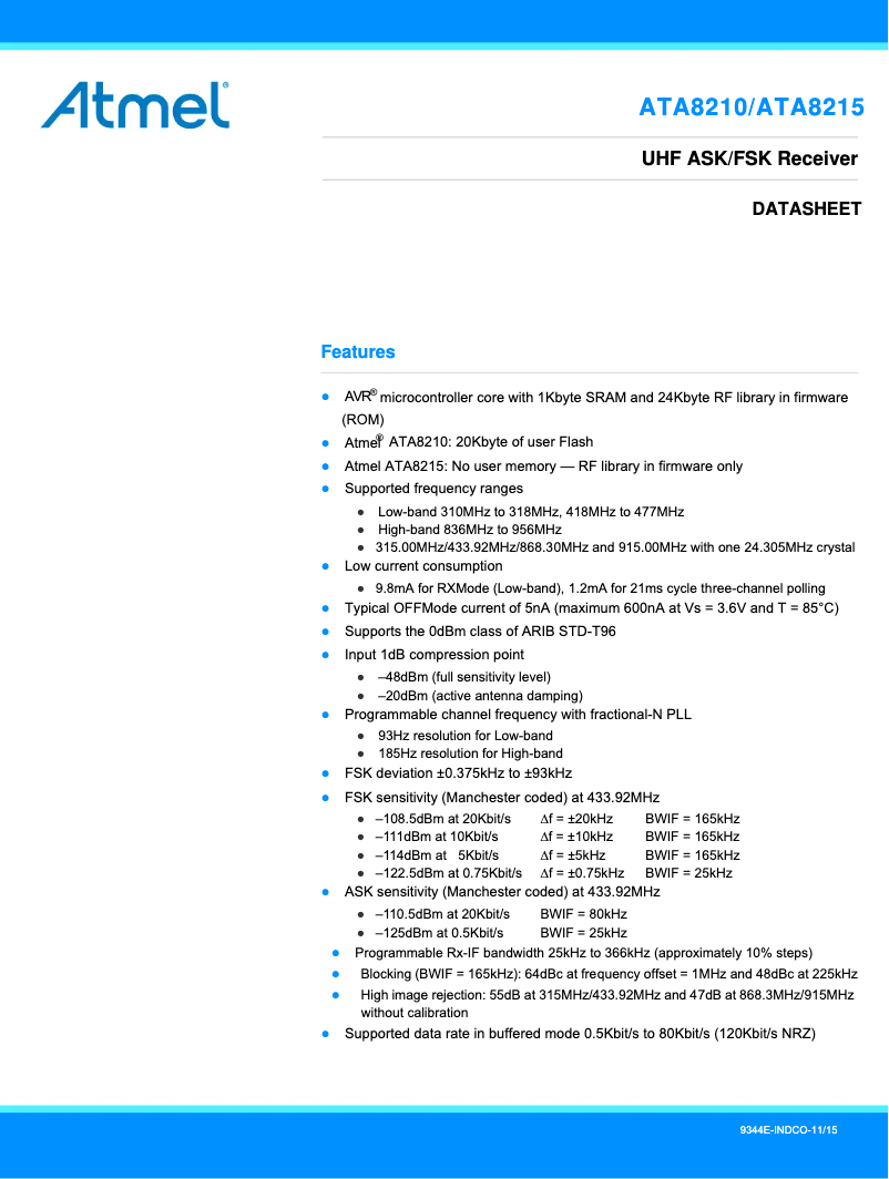 Page 1 de la notice Fiche technique Microchip ATA8210