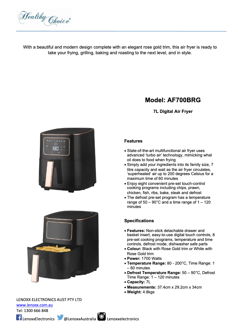 Page 1 de la notice Manuel utilisateur Lenoxx Healthy Choice AF700BRG