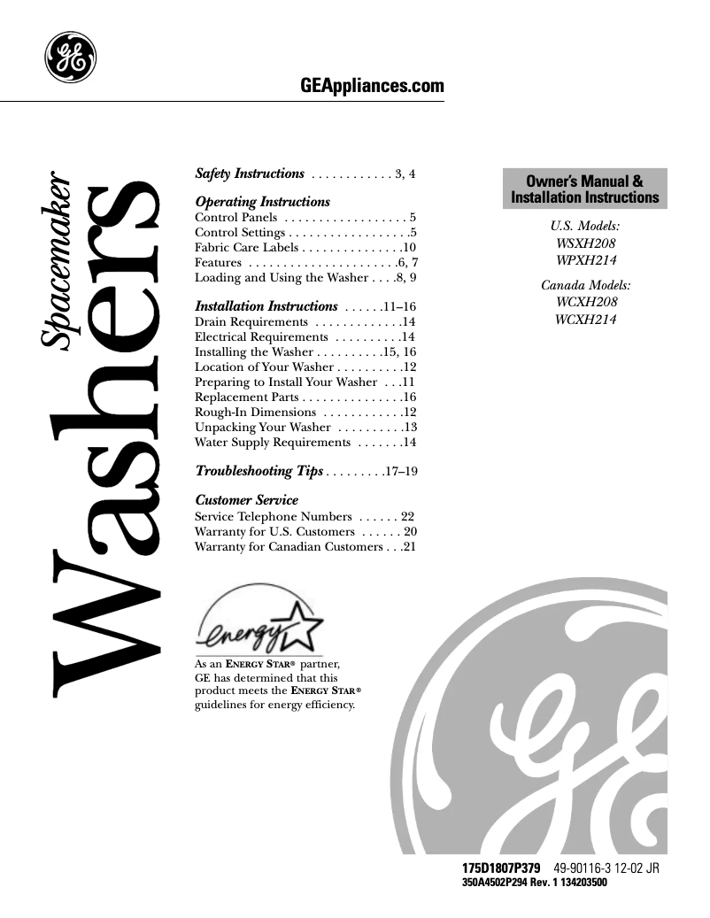 Page 1 of the manual Use and Maintenance Manual GE Profile WPXH214ACC