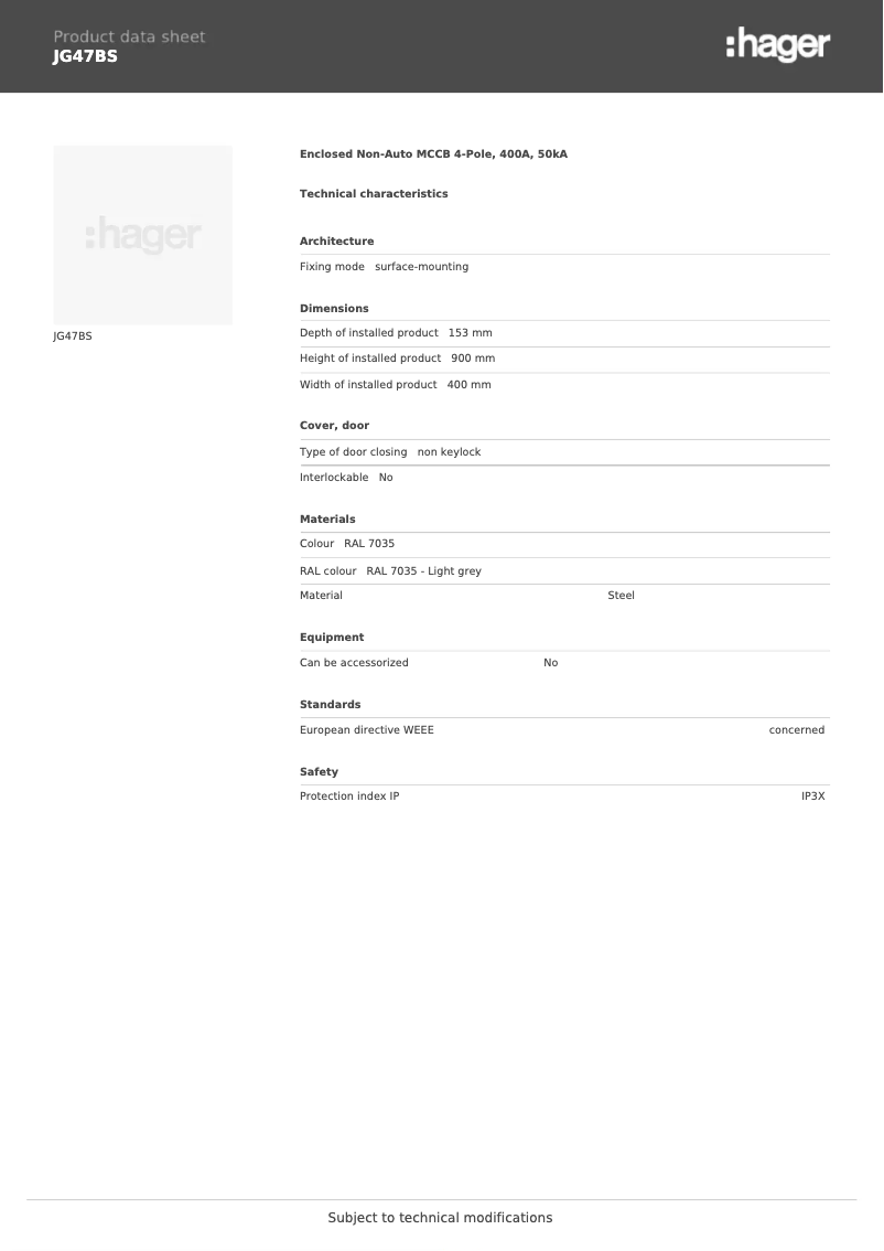 Page 1 de la notice Fiche technique Hager JG47BS