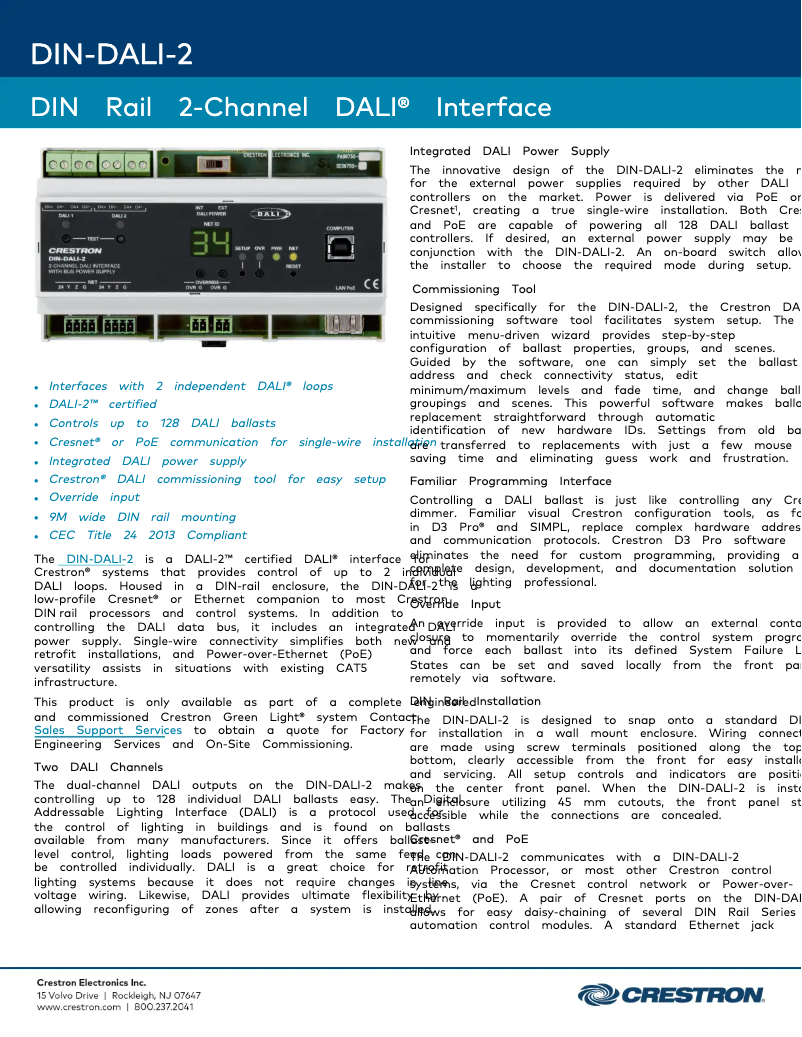 Page 1 de la notice Fiche technique Crestron DIN-DALI-2