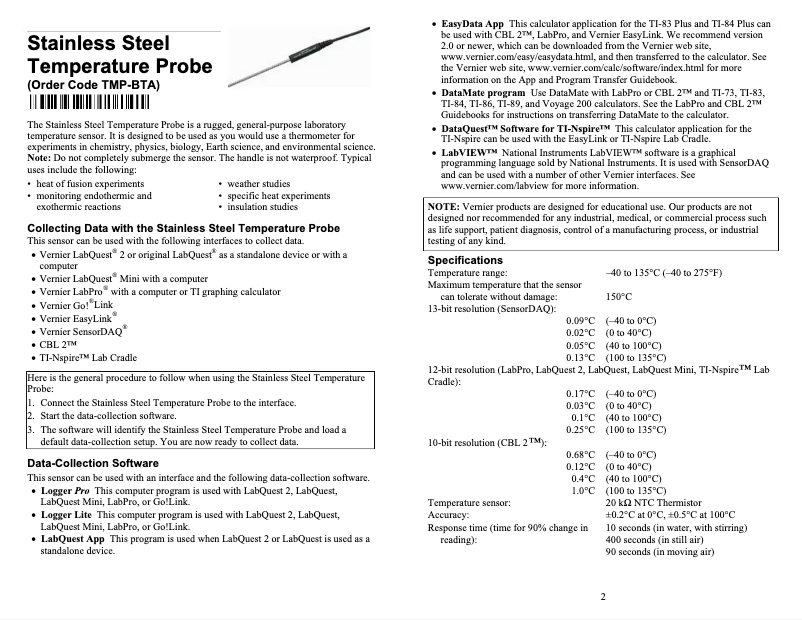 Page 1 de la notice Manuel utilisateur Vernier Stainless Steel Temp Probe