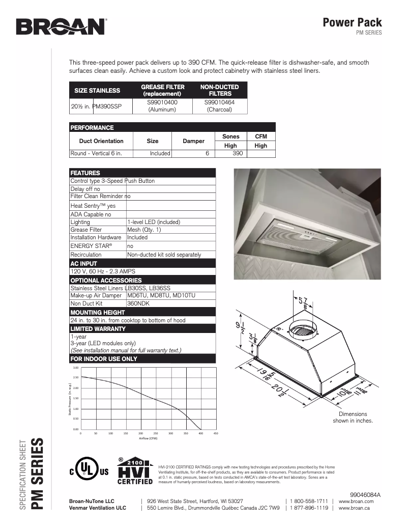 Page 1 de la notice Fiche technique Broan PM390SSP