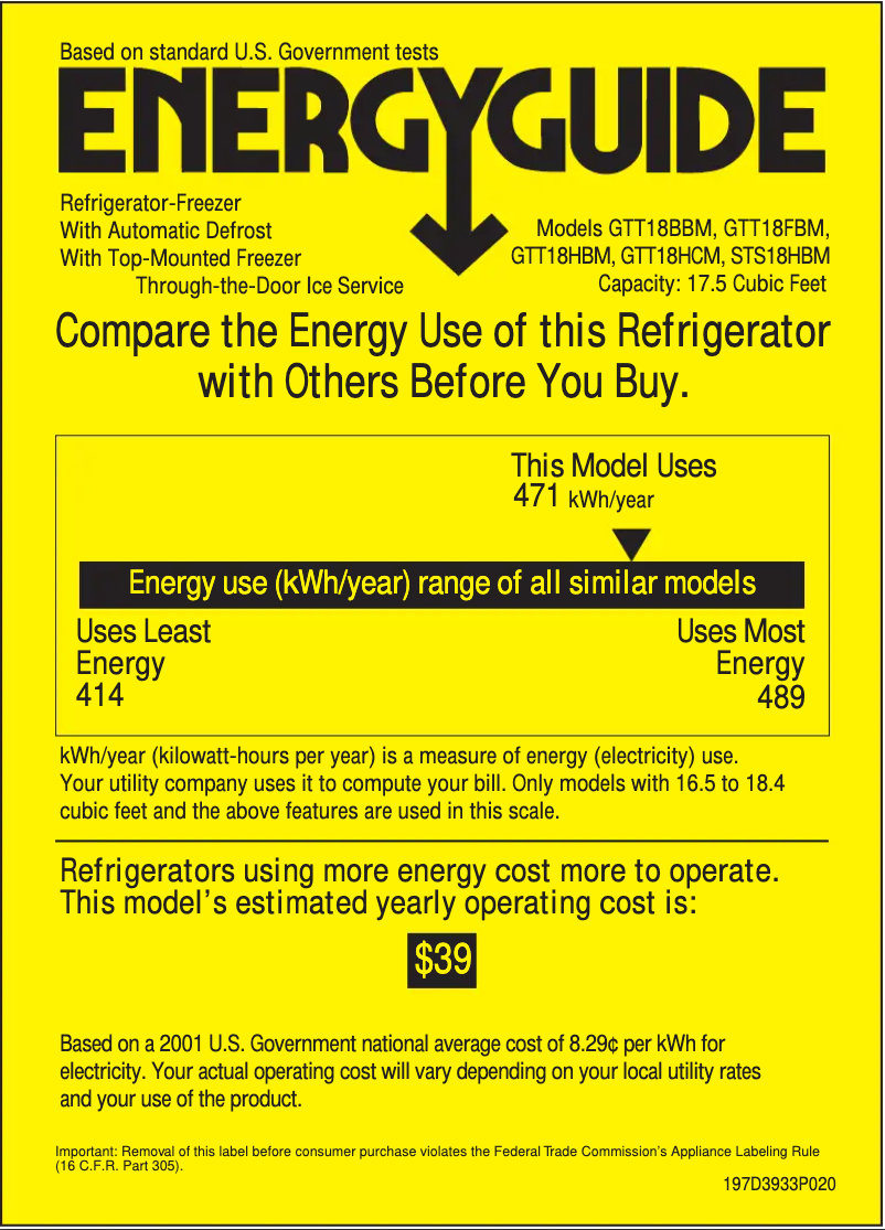 Page 1 de la notice Label énergétique GE GTT18HCMCC