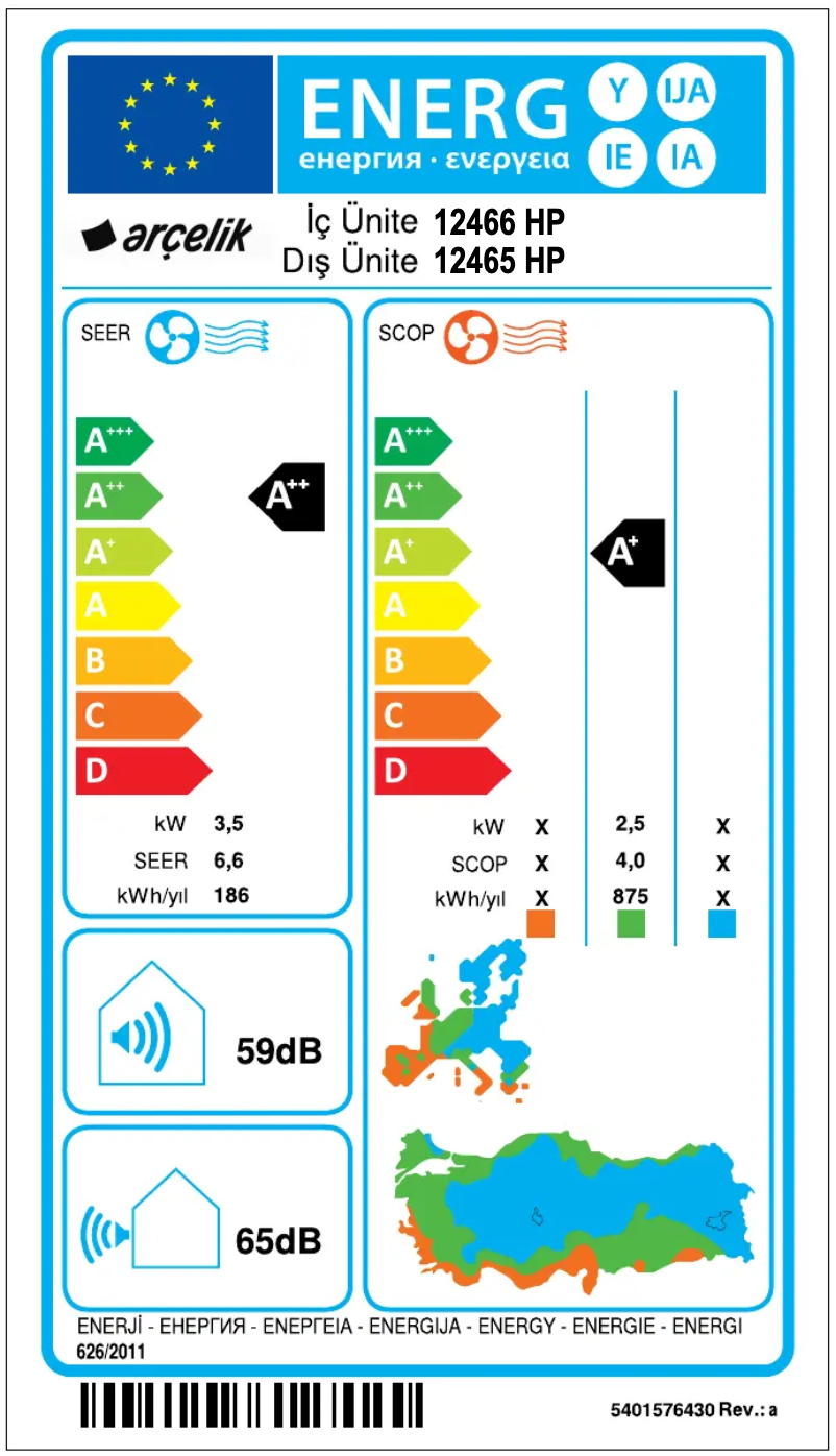 Page 1 de la notice Label énergétique Arçelik 12465 HP