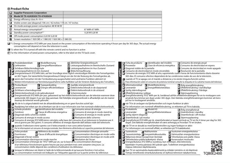 Page 1 de la notice Fiche technique Panasonic TX-42ASE650