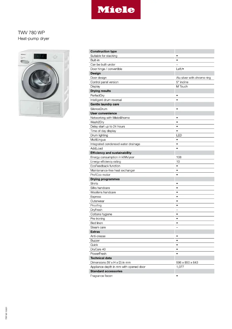 Page 1 de la notice Fiche technique Miele TWV780WPS