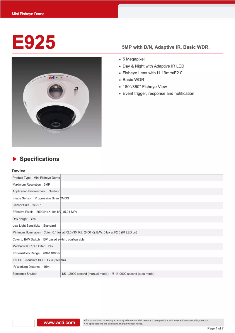 Page n°1 - Fiche technique ACTi E925