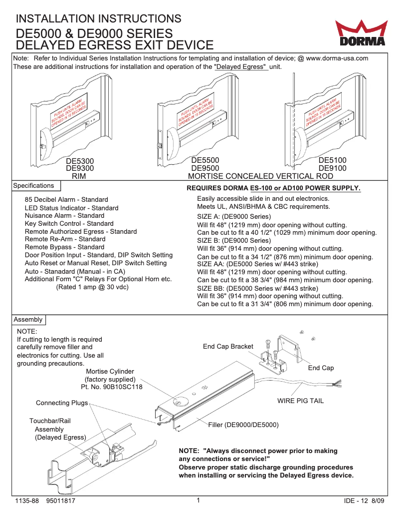 Page 1 de la notice Manuel utilisateur Dormakaba DE9000