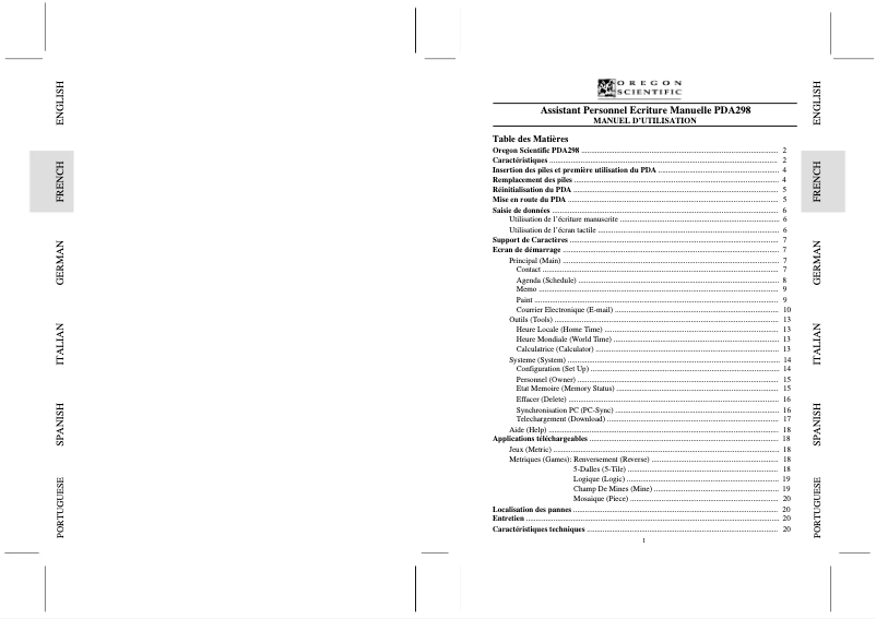 Page 1 de la notice Manuel utilisateur Oregon Scientific PDA298