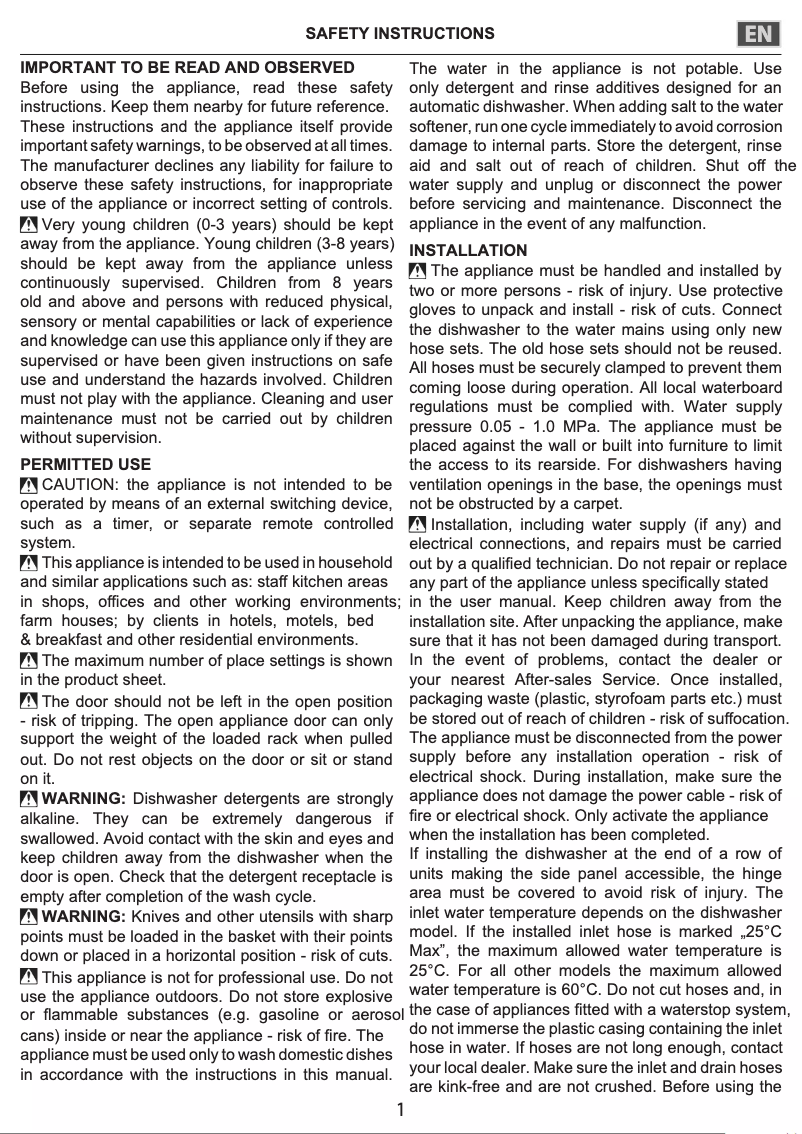 Página 1 del manual Guía de instalación Hotpoint HI 3010
