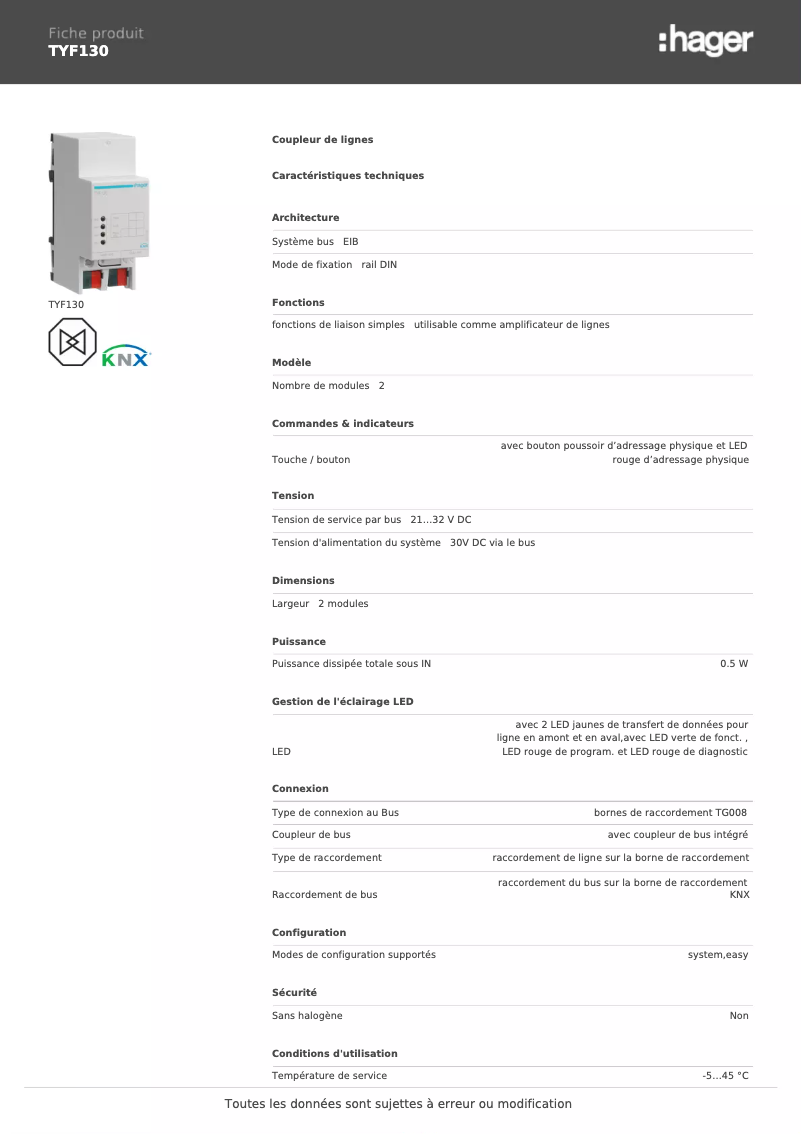 Page n°1 - Fiche technique Hager TYF130