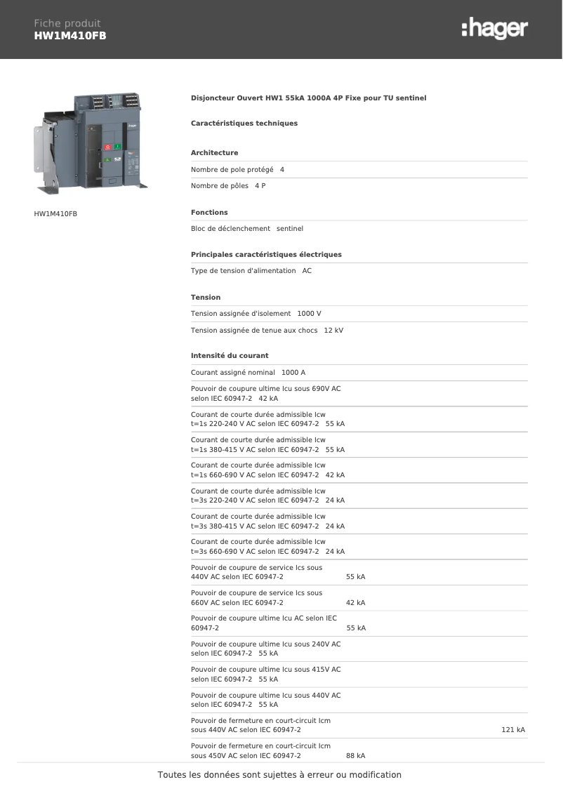 Page n°1 - Fiche technique Hager HW1M410FB