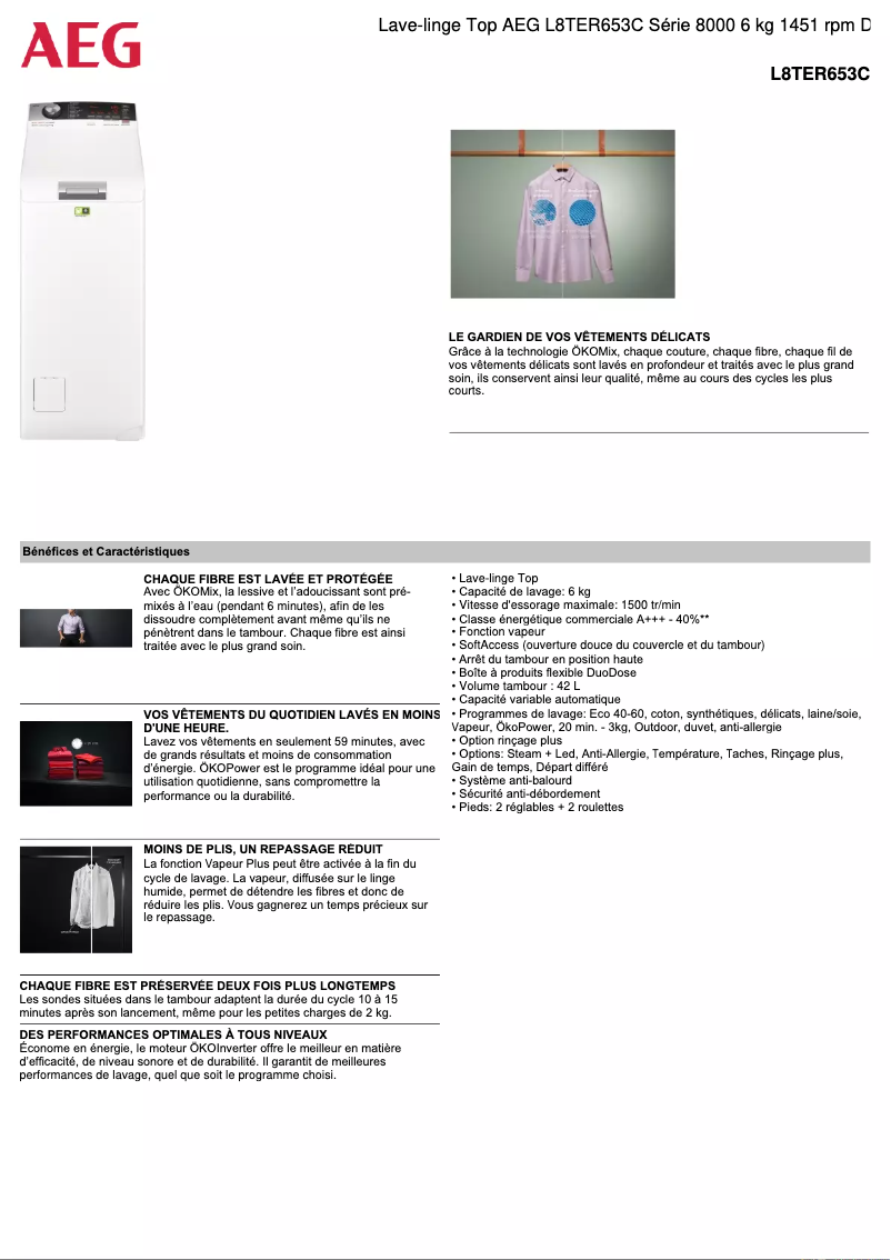 Page 1 de la notice Fiche technique AEG L8TER653C