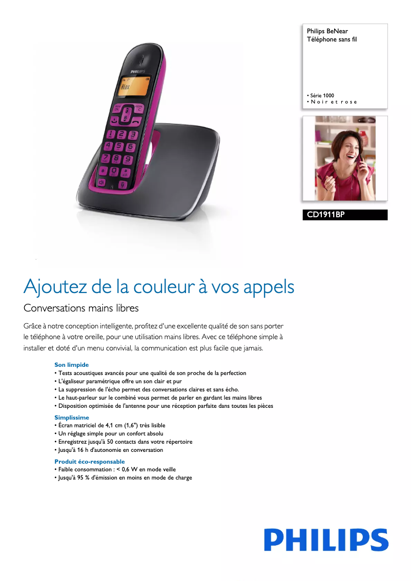 Page 1 de la notice Fiche technique Philips BeNear CD1911BP