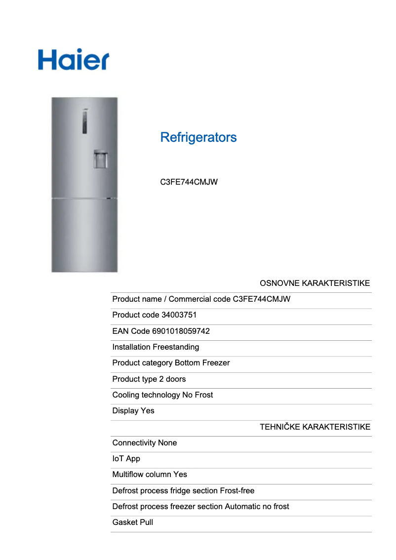 Page 1 de la notice Fiche technique Haier C3FE744CMJW